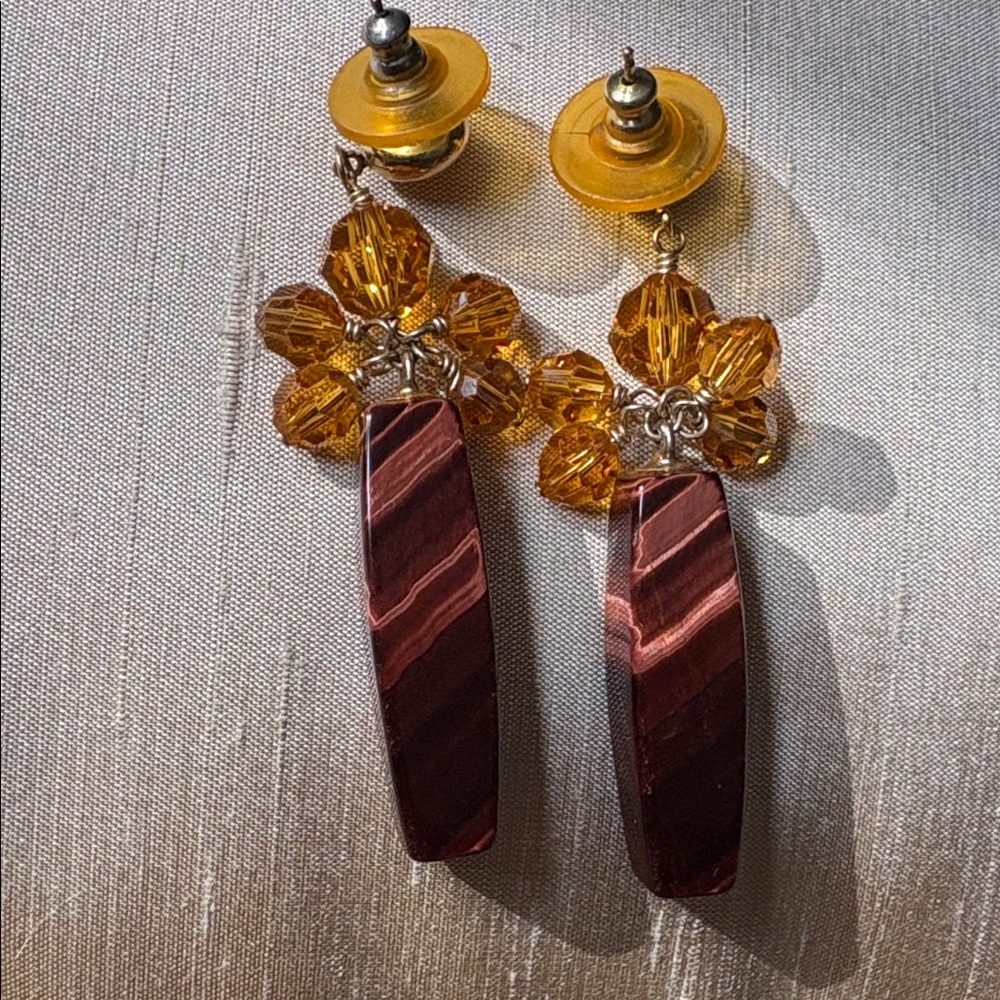 Vintage Handmade 14 K GF Gold and Brown Tiger Eye and Crystal Beaded Earrings - Picture 5 of 10
